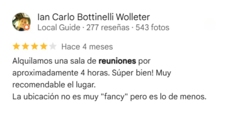 Reseña de cliente sobre alquiler de sala de reuniones por horas en Grow Working Málaga