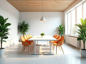 Sala de reuniones luminosa y moderna con sillas naranjas y plantas, ideal para reuniones por horas en Grow Working Málaga